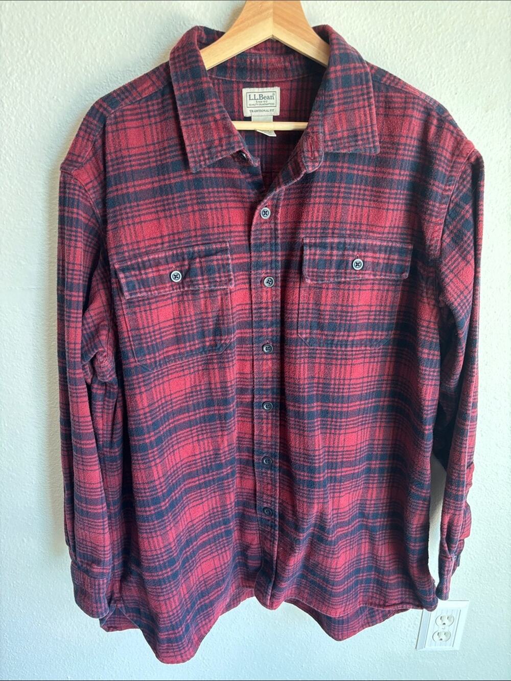 L.L. BEAN Mens Rugged Heavyweight Flannel Shirt Navy Red XL